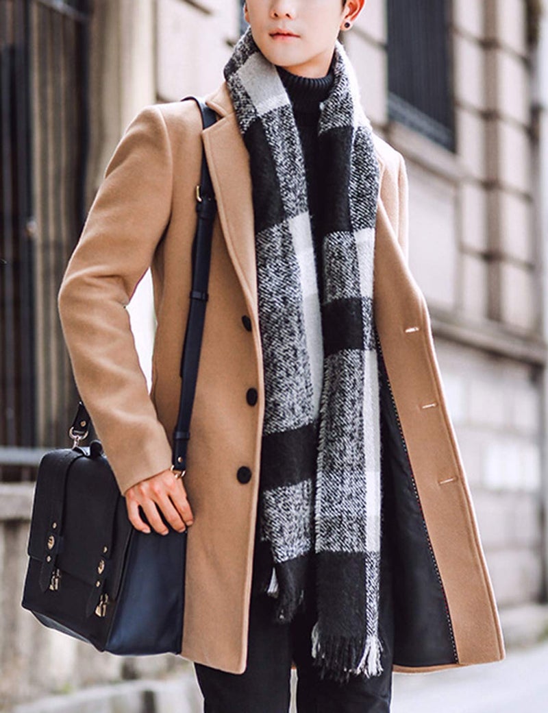 Springrain Men's Wool Blend Pea Coat Notched Collar Single Breasted Overcoat Warm Winter Trench Coat(Khaki-XL) - Image 2